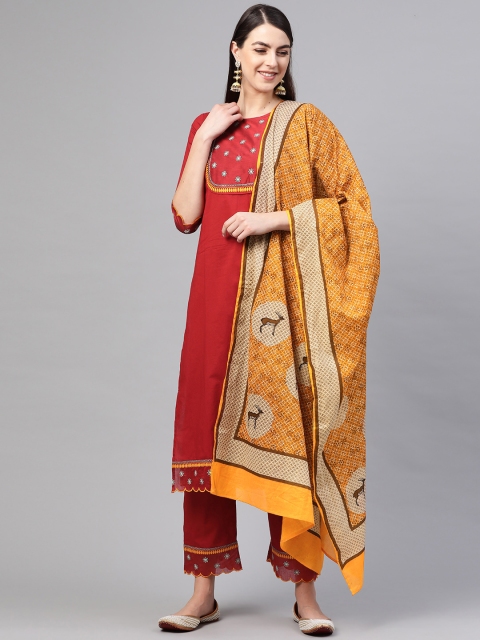 

Rain & Rainbow Women Maroon & Mustard Yellow Yoke Design Kurta with Trousers & Dupatta