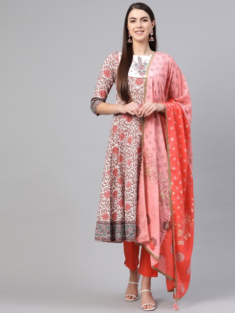 

Rain & Rainbow Women White & Mauve Printed Kurta with Trousers & Dupatta
