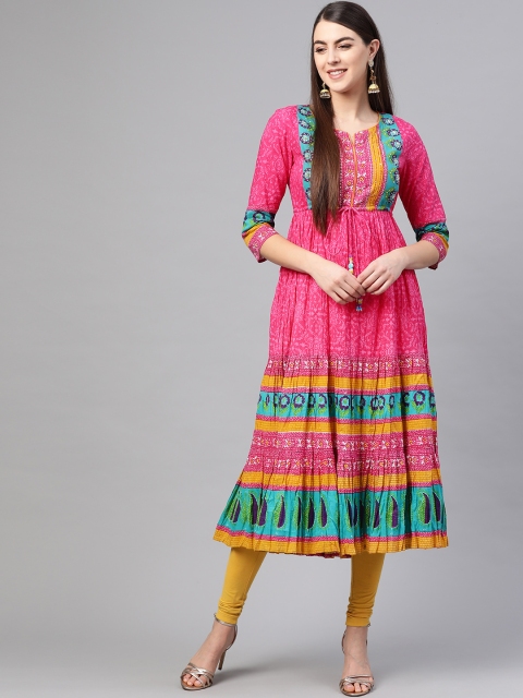 

Rain & Rainbow Women Pink & Green Pure Cotton Printed Tiered A-Line Kurta