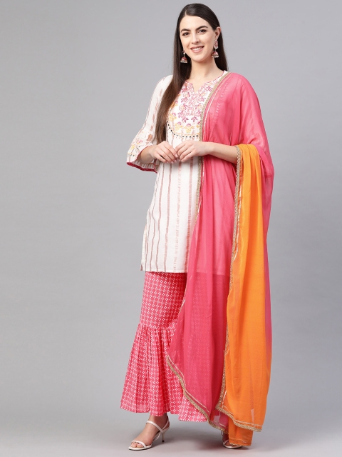 

Rain & Rainbow Women White & Pink Woven Design Kurta with Sharara & Dupatta