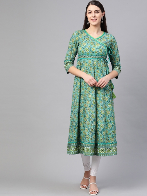 

Rain & Rainbow Women Green Pure Cotton Floral Print Angrakha Anarkali Kurta