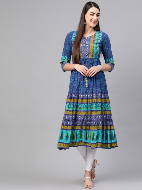 

Rain & Rainbow Women Blue Pure Cotton Printed Tiered A-Line Kurta