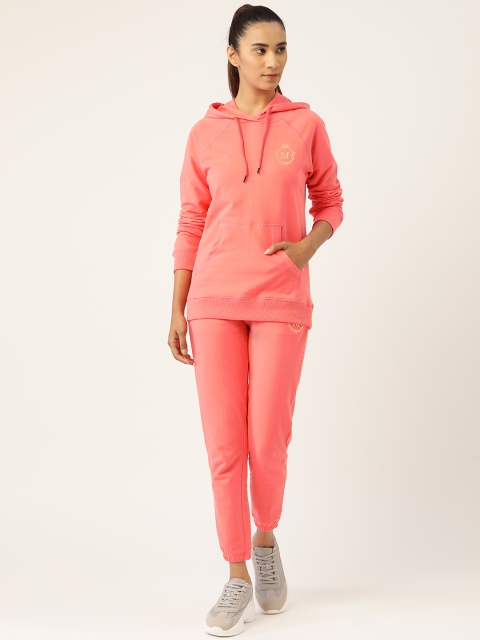 

MABISH by Sonal Jain Women Coral Pink Brand Logo Print Hooded Tracksuit