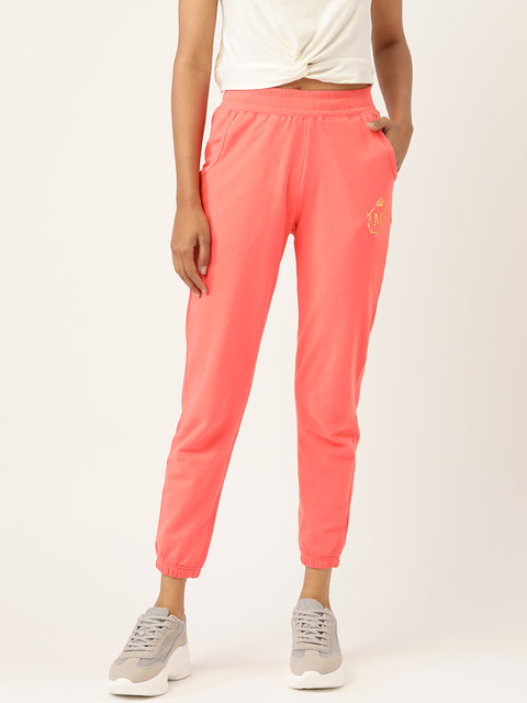 

MABISH by Sonal Jain Women Coral Pink Solid Slim Fit Cotton Cropped Joggers, Peach