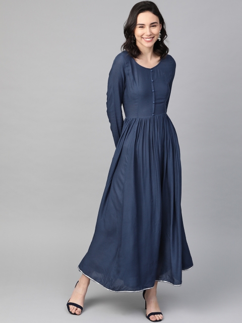 

I AM FOR YOU Women Navy Blue Solid A-Line Ankle Length Kurta