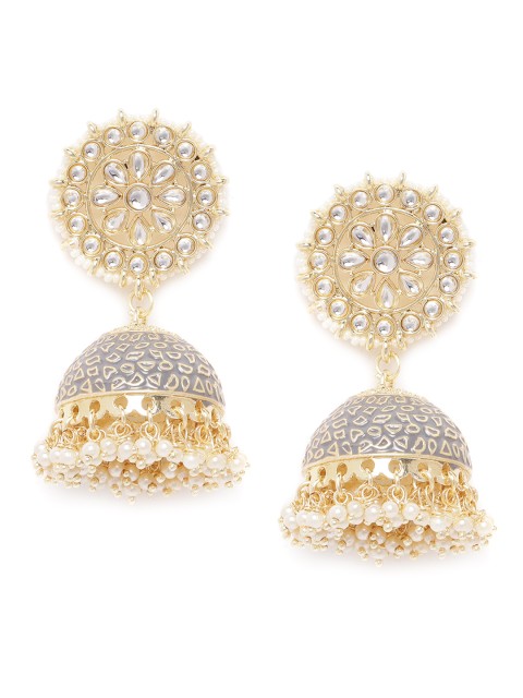 

ANESH Grey & Off-White Gold-Plated Handcrafted Kundan-Studded Beaded Dome Shaped Jhumkas