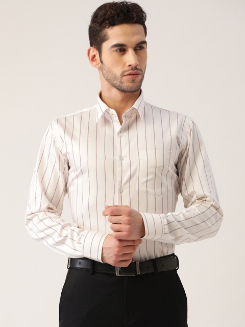 

Hancock Men Cream-Coloured & Red Pure Cotton Slim Fit Striped Formal Shirt