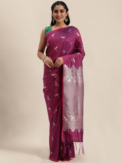 

Mitera Magenta Pink & & Silver-Toned Woven Design Kanjeevaram Saree