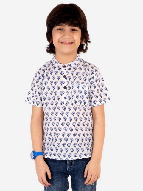 

Lil Peacock Boys White & Blue Printed Pure Cotton Kurta
