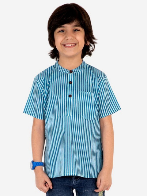 

Lil Peacock Boys Blue Striped Pure Cotton Kurta