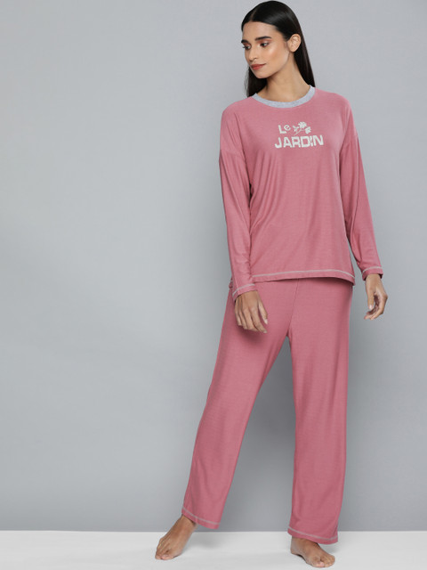 

Chemistry Women Pink & White Printed Night suit