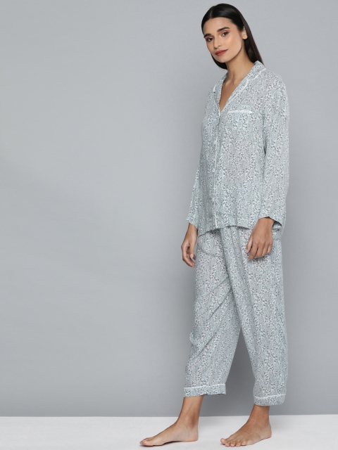 

Chemistry Women Blue & White Printed Night suit