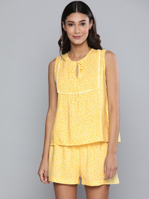 

Chemistry Women Yellow & White Floral Printed Lace Detailed Night suit