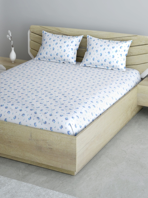 

Aura White & Blue Floral Print 144 TC Cotton 1 Queen Bedsheet with 2 Pillow Covers