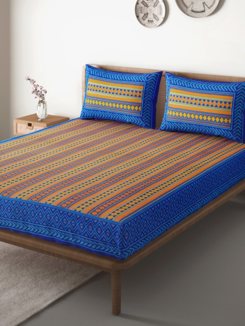 

Aura Blue & Orange Geometric 104 TC Cotton 1 Queen Bedsheet with 2 Pillow Covers