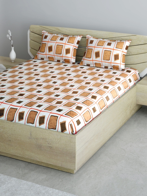 

Aura Off-White & Brown Geometric Print 144 TC Cotton 1 Queen Bedsheet with 2 Pillow Covers