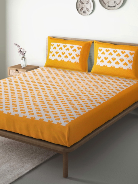 

Aura White & Yellow Geometric 104 TC Cotton 1 Queen Bedsheet with 2 Pillow Covers