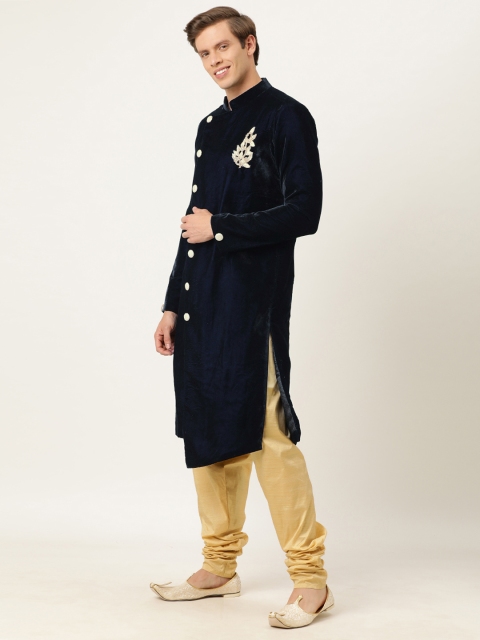 

EthnoVogue Men Navy Blue & Beige Solid Suede Finish Made To Measure Kurta with Churidar