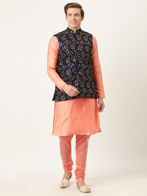 

EthnoVogue Men Peach-Coloured Made To Measure Kurta with Churidar & Nehru Jacket