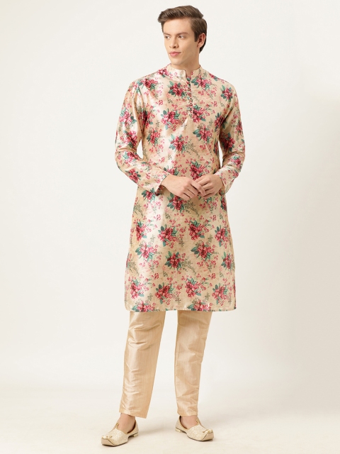

EthnoVogue Men Beige Floral Printed Made To Measure Kurta with Trousers