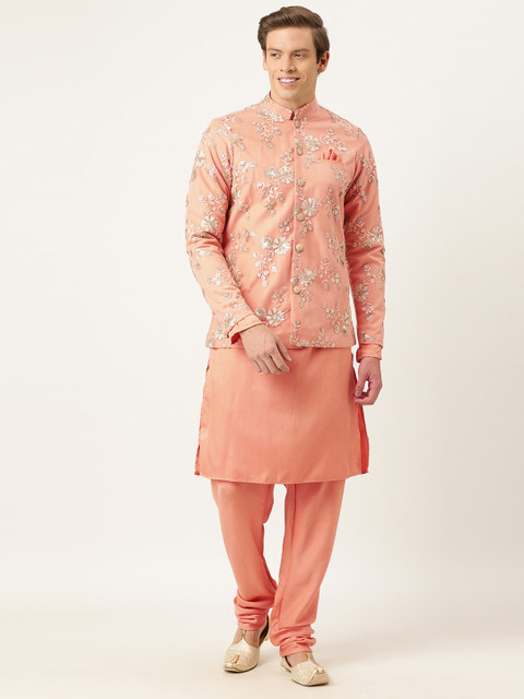 

EthnoVogue Men Peach-Coloured Embroidered Kurta with Trousers