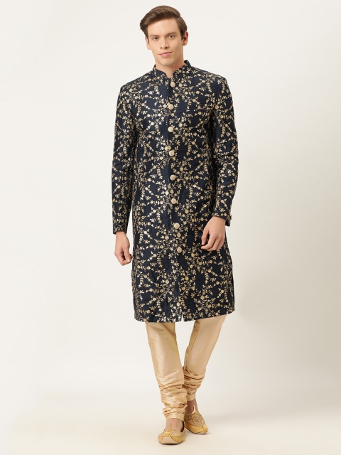 

EthnoVogue Men Navy Blue & Golden Embroidered Made To Measure Kurta with Churidar