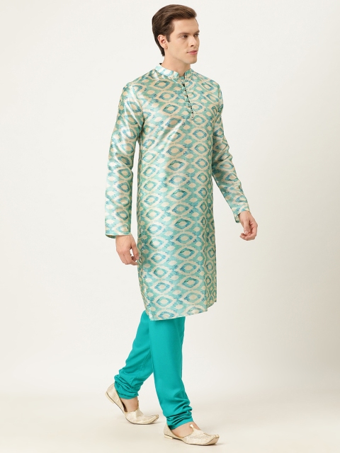 

EthnoVogue Men Beige & Turquoise Blue Printed Made To Measure Kurta with Churidar