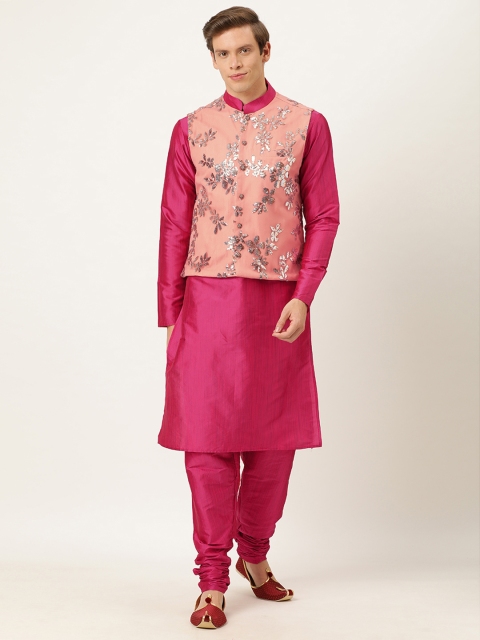 

EthnoVogue Men Pink Solid Made To Measure Kurta with Churidar & Jacket