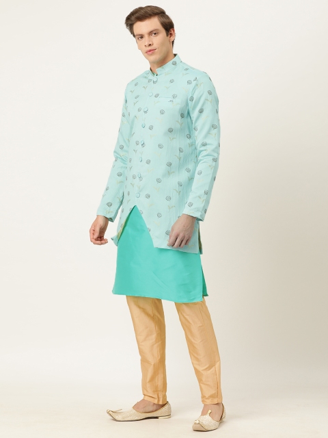 

EthnoVogue Men Turquoise Blue & Beige Made To Measure Kurta with Churidar & Jacket