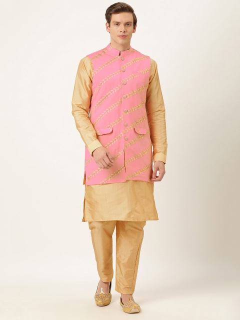 

EthnoVogue Men Beige & Pink Solid Made To Measure Kurta with Churidar & Nehru Jacket