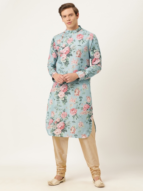 

EthnoVogue Men Green & Pink Floral Printed Made To Measure Angrakha Kurta with Churidar