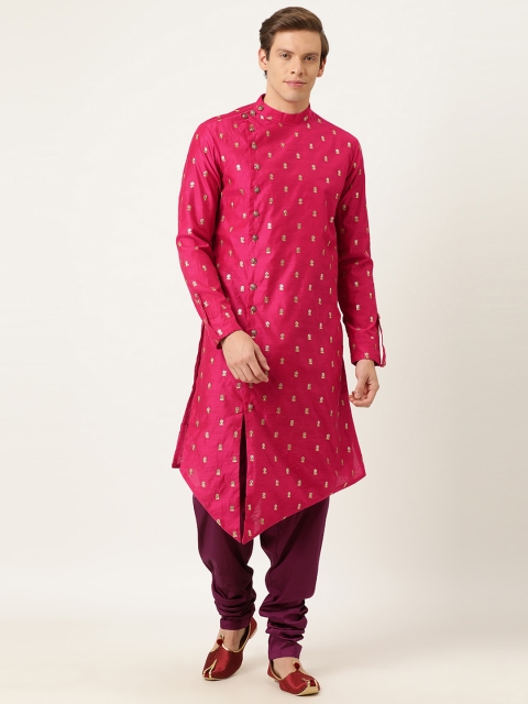 

EthnoVogue Men Pink & Maroon Embroidered Made To Measure Angrakha Kurta Set