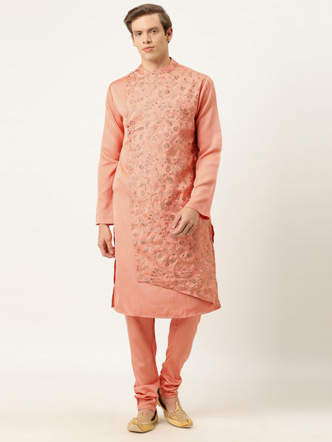

EthnoVogue Men Peach-Coloured & Beige Embroidered Kurta with Trousers