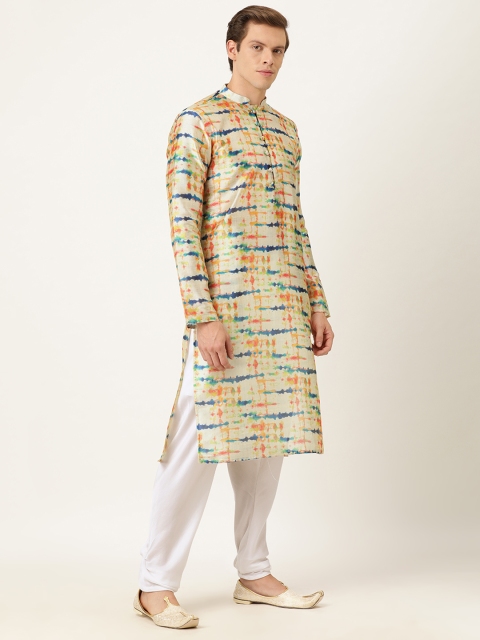 

EthnoVogue Men Beige & Blue Printed Made To Measure Kurta with Pyjamas
