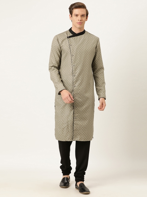 

EthnoVogue Men Grey & Black Foil Printed Made To Measure Angrakha Kurta Set