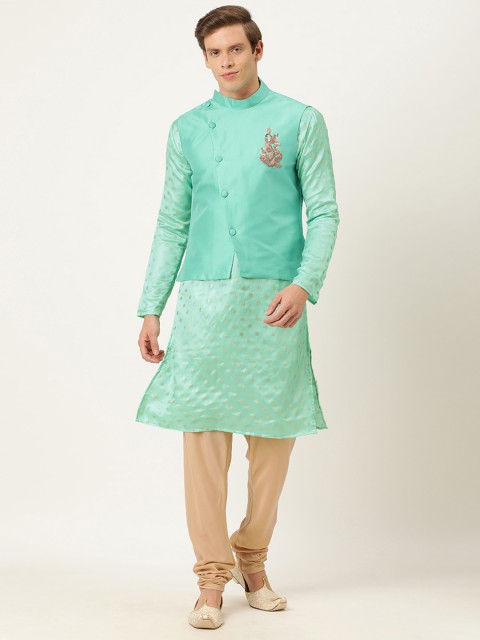 

EthnoVogue Men Green & Beige Printed Made To Measure Kurta with Churidar & Nehru Jacket