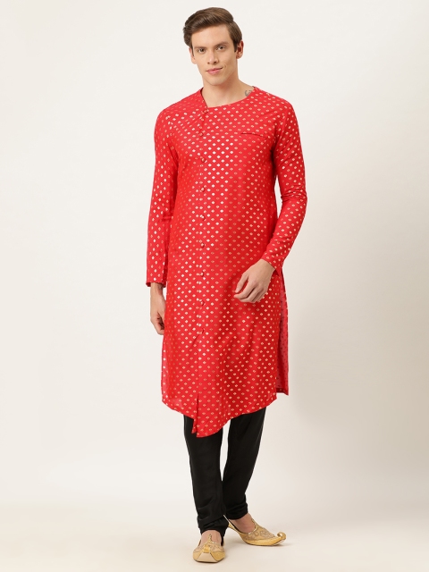 

EthnoVogue Men Red & Black Foil Printed Made To Measure Angrakha Kurta with Churidar