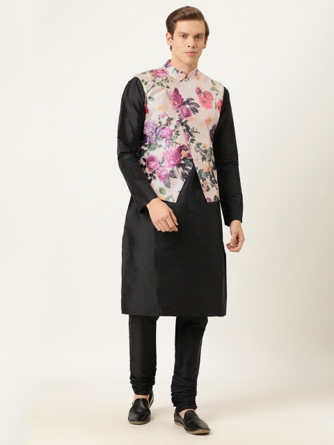 

EthnoVogue Men Black & Pink Solid Made To Measure Kurta with Churidar & Nehru Jacket