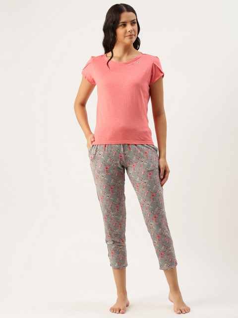 

Enamor Women Pink & Grey Relaxed Fit Solid Night Suit