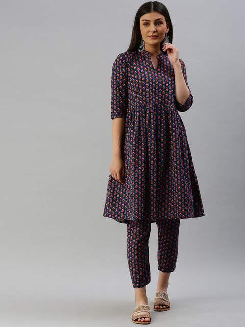 

AHIKA Women Navy Blue & Pink Printed Kurta with Trousers