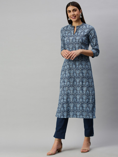 

AHIKA Women Navy Blue & Blue Printed Kurta with Trousers