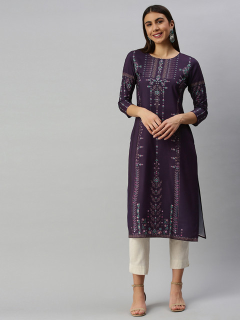 

AHIKA Women Burgundy & Green Ethnic Motifs Printed Kurta