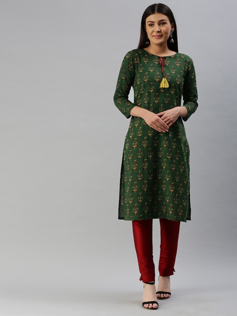 

AHIKA Women Olive Green & Beige Floral Printed Keyhole Neck Kurta