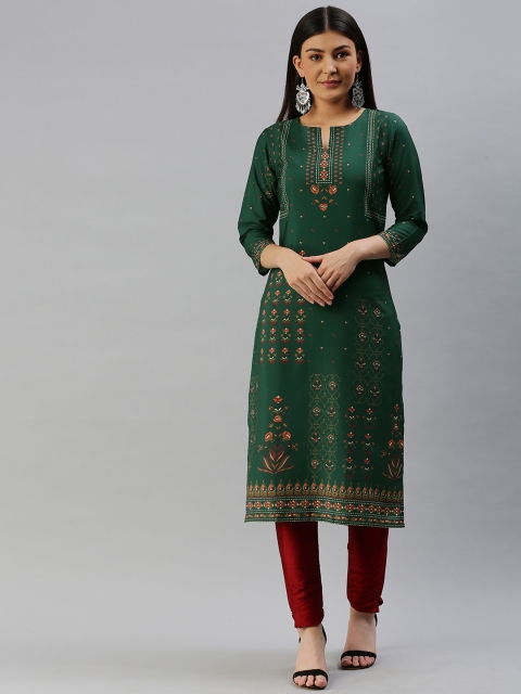 

AHIKA Women Green & Peach-Coloured Floral Printed Kurta