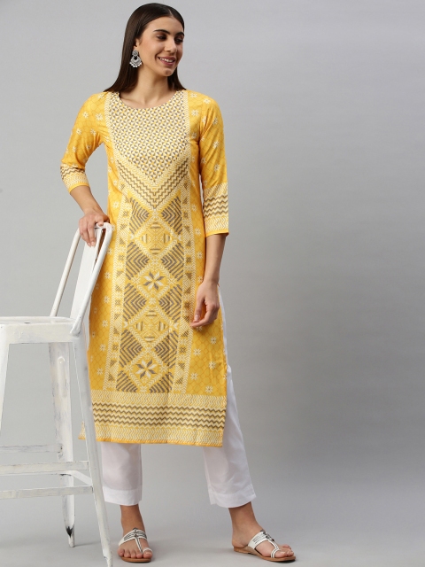 

AHIKA Women Yellow & Purple Geometric Printed Kurta