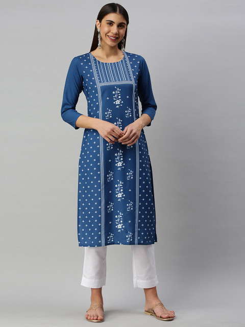 

AHIKA Women Navy Blue & White Ethnic Motifs Printed Floral Kurta