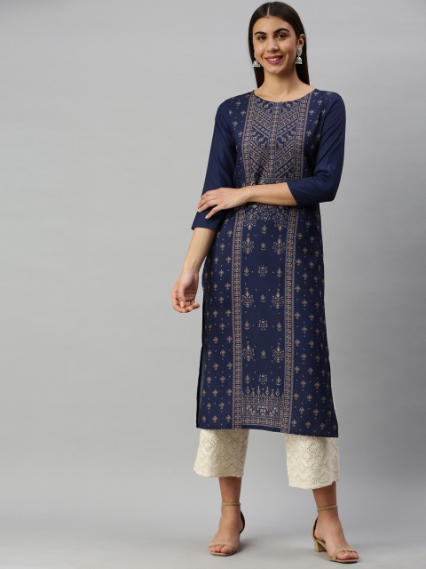 

AHIKA Women Navy Blue & Brown Ethnic Motifs Printed Kurta