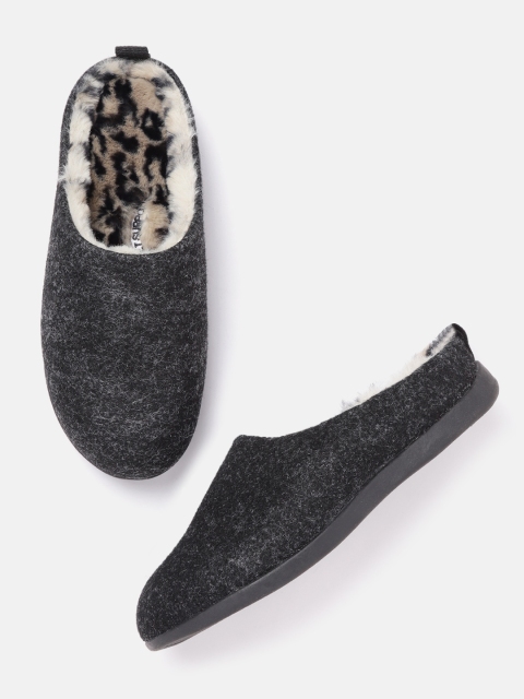 

Marks & Spencer Women Black Self Design Room Slippers with Faux Fur Lining