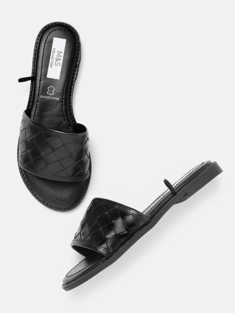 

Marks & Spencer Women Black Basket Weave Textured Leather Open Toe Flats