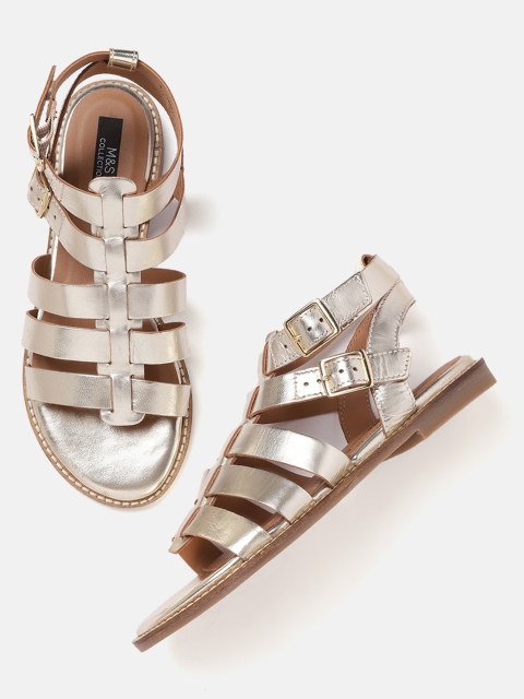 

Marks & Spencer Women Gold-Toned Solid Mid-Top Leather Gladiators